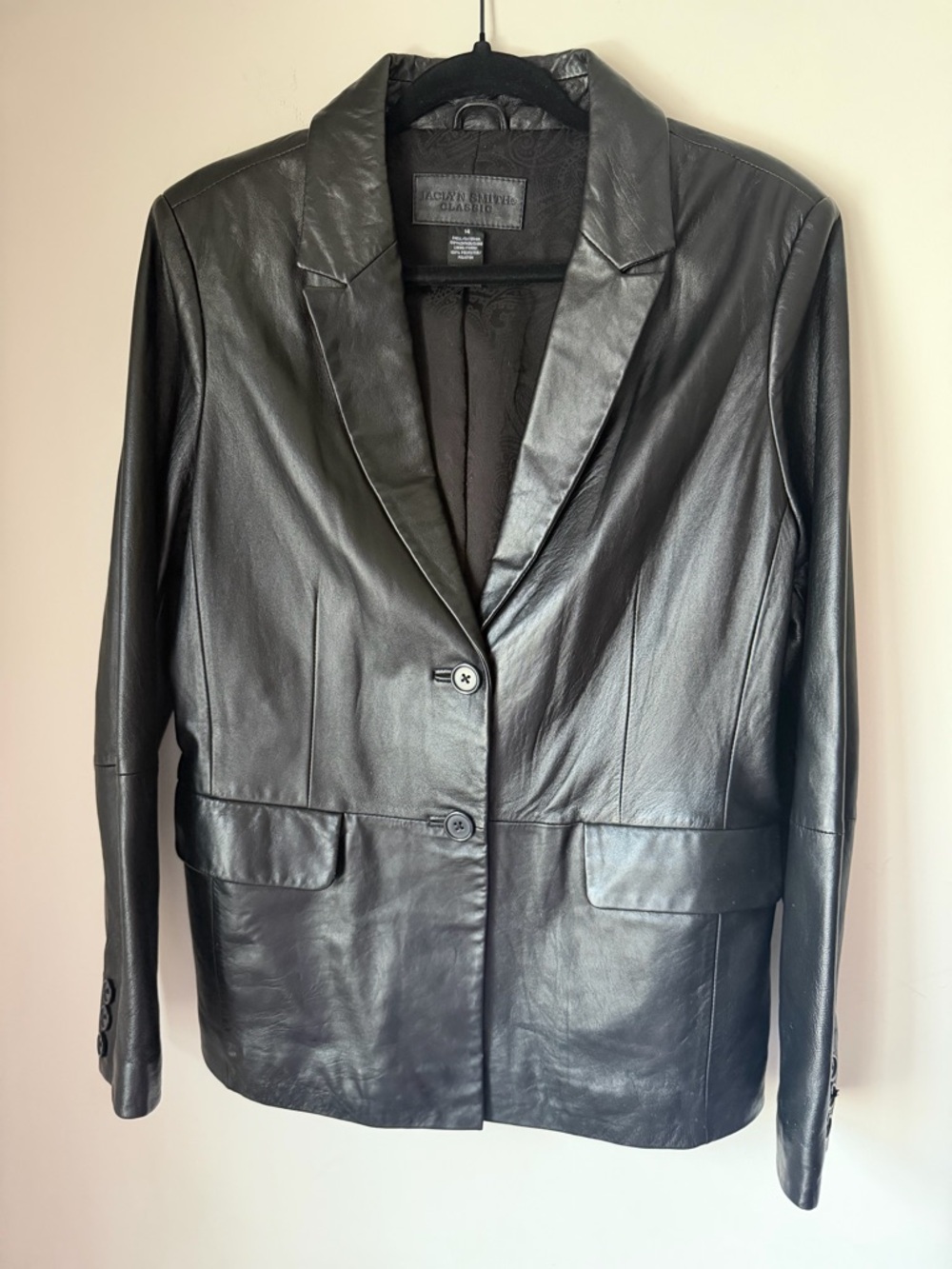 Jaclyn Smith Vintage Women's Black Shiny Real Leather Blazer Coat Jacket Size 14